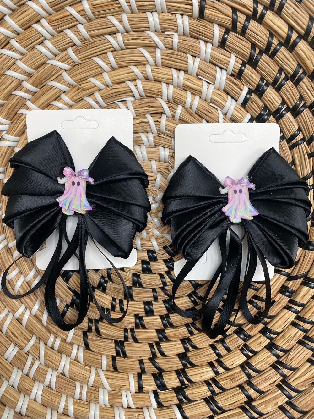 Black Satin Bow Hair Clips with Iridescent Coquette Ghost